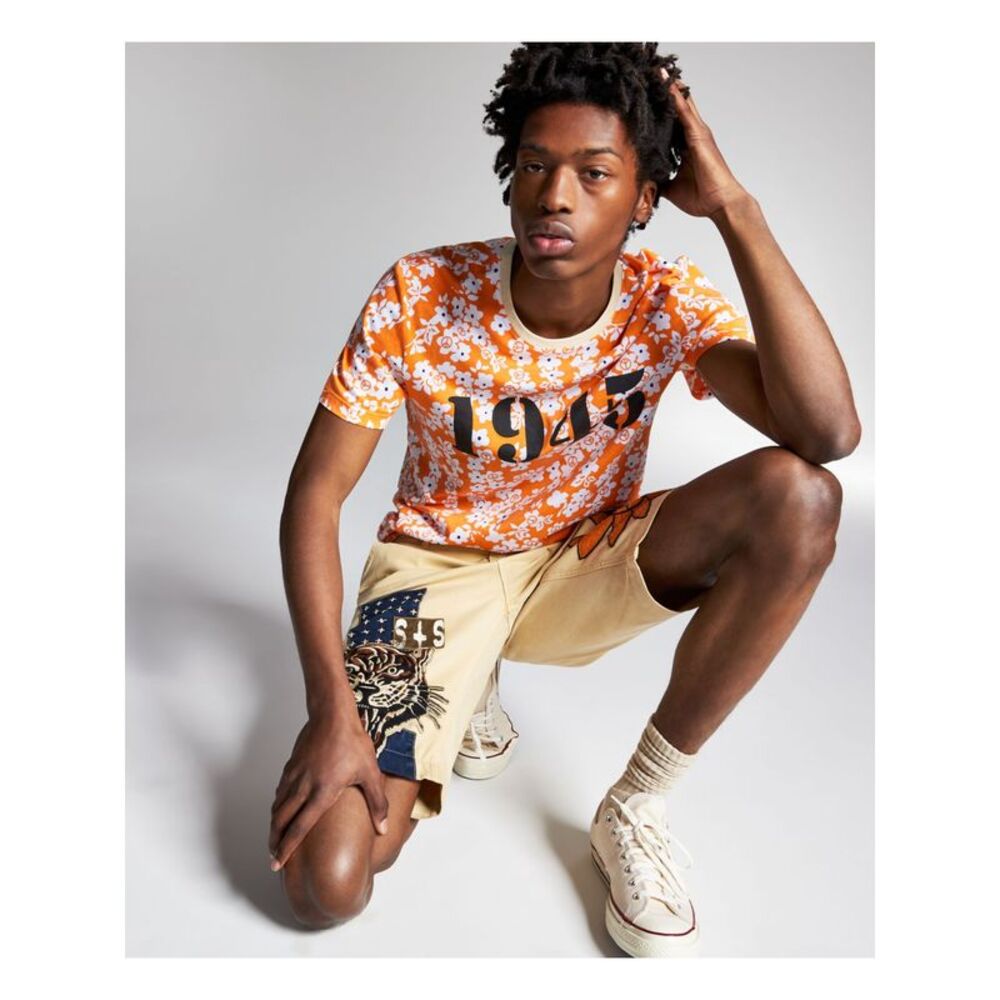 SUN STONE Mens Ouigi Theodore Orange Floral Short Sleeve Cotton T-Shirt L